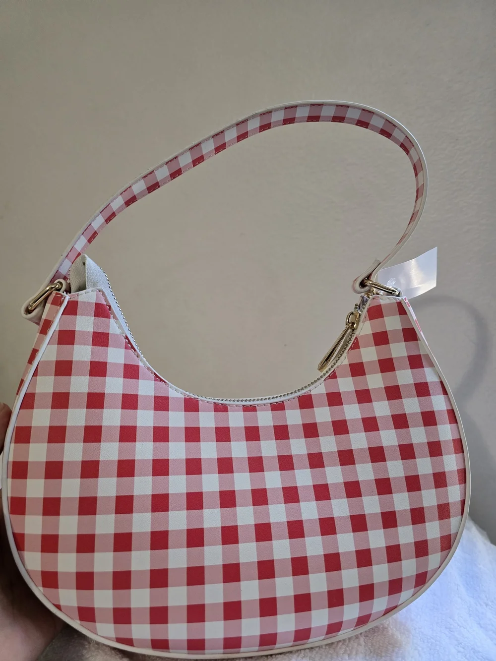 Aldo Red and White Gingham Crescent Shoulder Bag with Gold Chain